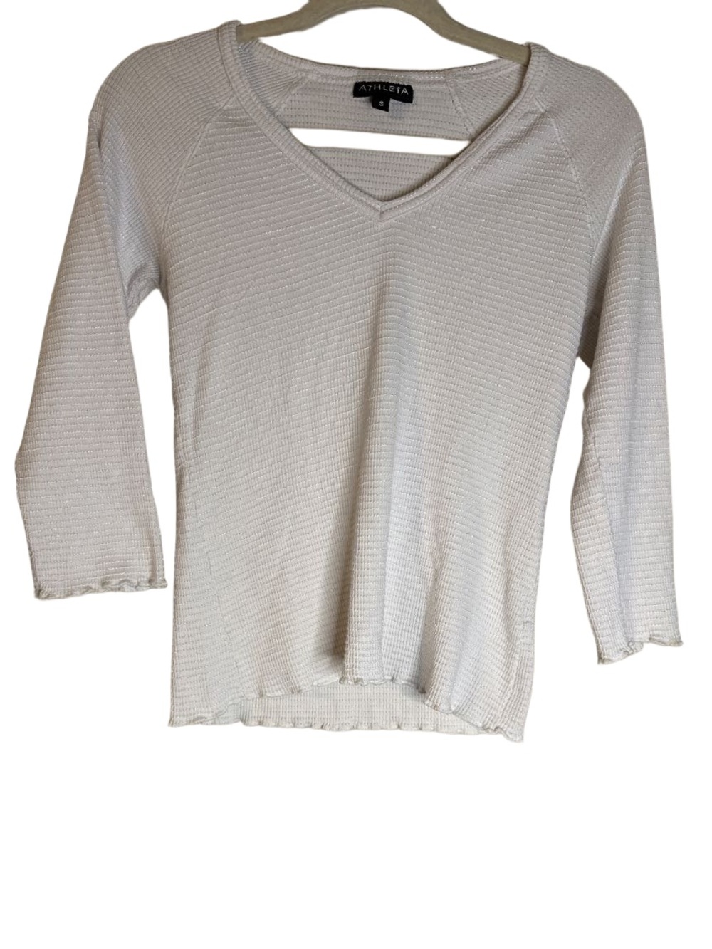Athleta White Waffle-Knit V-Neck Pullover, Lettuce Trim size Sm